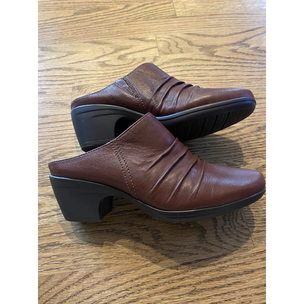 Clarks Emily Charm Women's 7.5 M Dark Tan Leather Comfort Chunky Heel Mule Clog